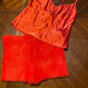 Victoria Secret Red Satin and Faux Fur Sleepwear Set
